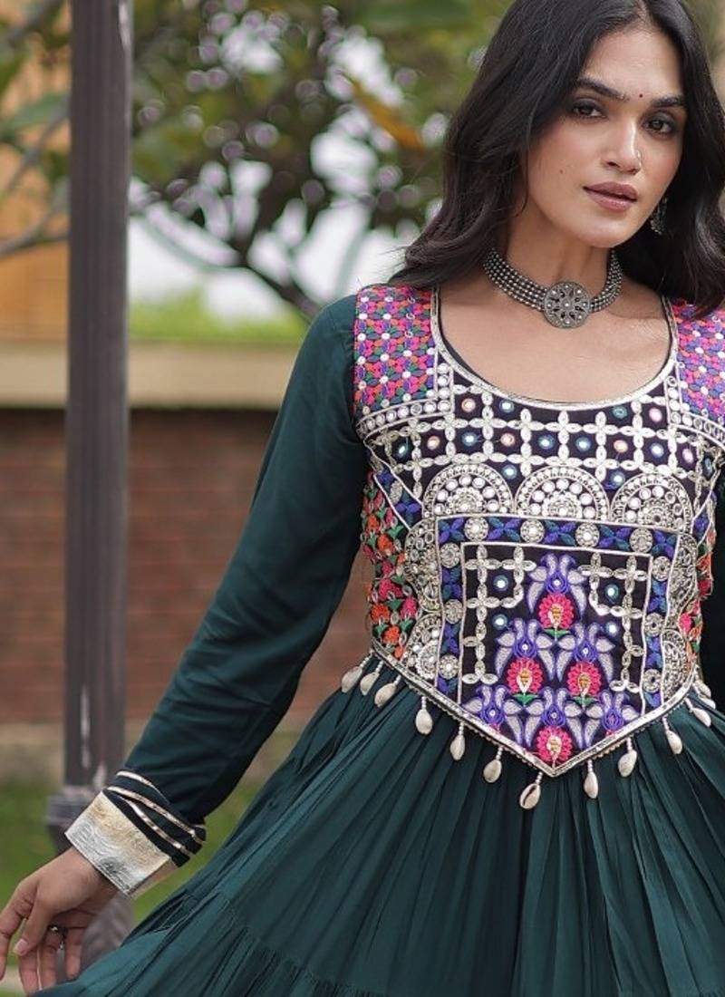 Green cotton readymade anarkali suit with gota patti & lace work