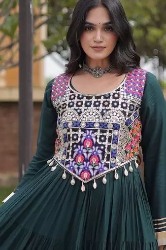 Green cotton readymade anarkali suit with gota patti & lace work
