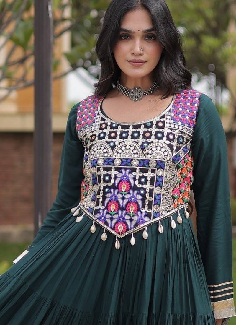 Green cotton readymade anarkali suit with gota patti & lace work