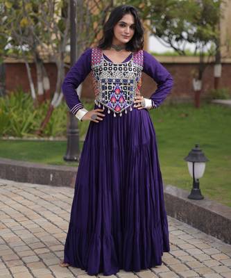 Violet cotton readymade anarkali suit with gota patti & lace work 1