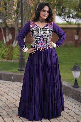 Violet cotton readymade anarkali suit with gota patti & lace work