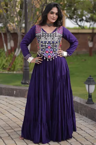 Violet cotton readymade anarkali suit with gota patti & lace work