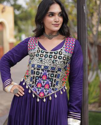 Violet cotton readymade anarkali suit with gota patti & lace work 2