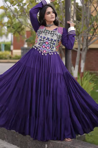 Violet cotton readymade anarkali suit with gota patti & lace work