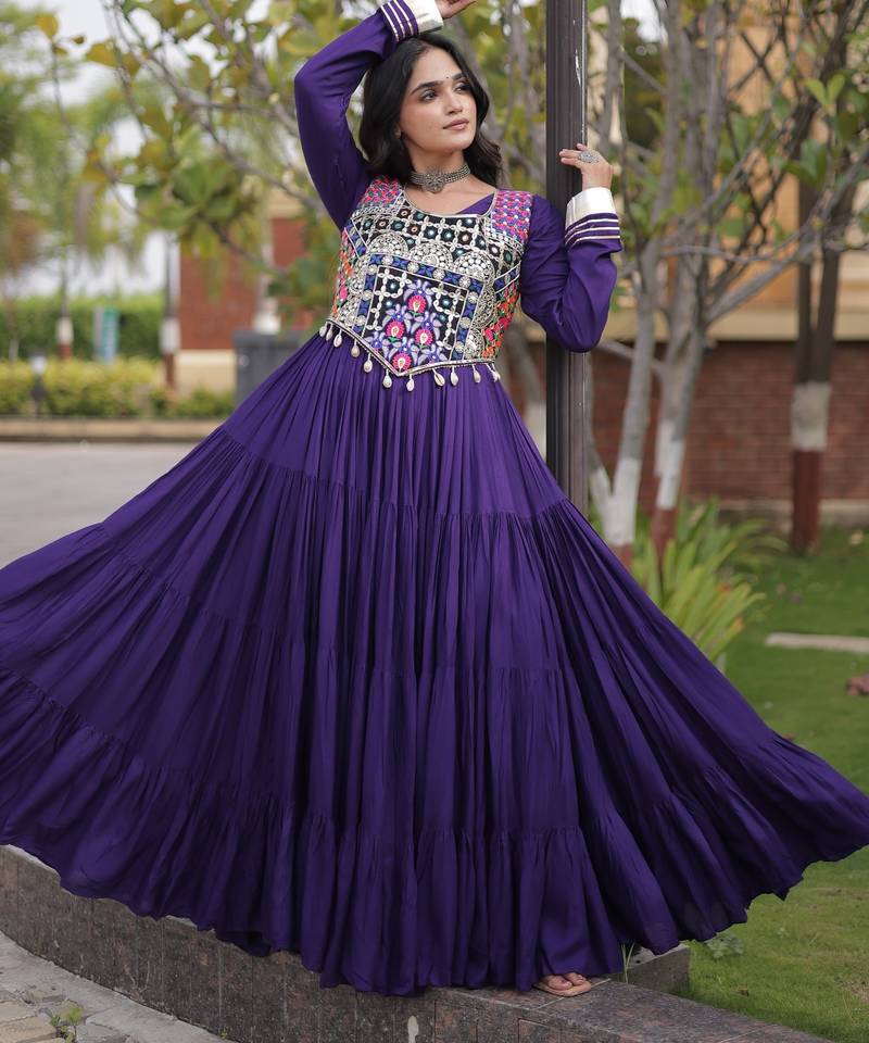 Violet cotton readymade anarkali suit with gota patti & lace work
