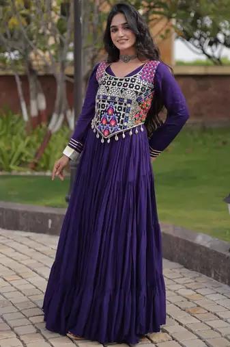 Violet cotton readymade anarkali suit with gota patti & lace work