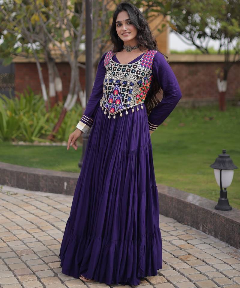 Violet cotton readymade anarkali suit with gota patti & lace work