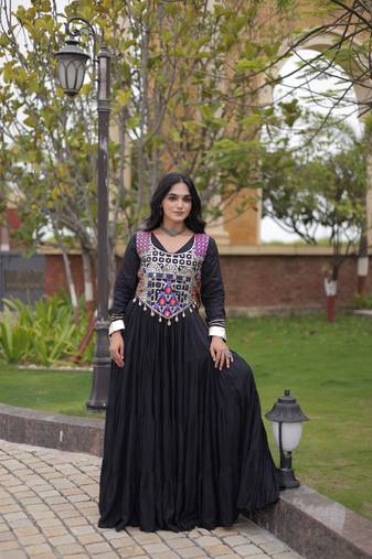 Black cotton readymade anarkali suit with gota patti & lace work