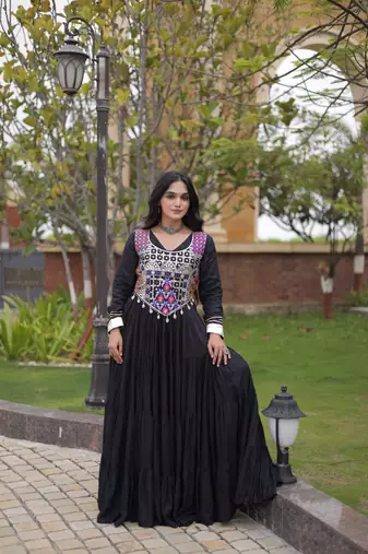 Black cotton readymade anarkali suit with gota patti & lace work