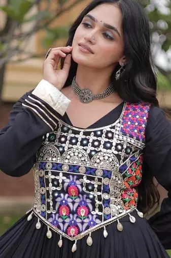 Black cotton readymade anarkali suit with gota patti & lace work