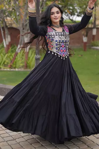 Black cotton readymade anarkali suit with gota patti & lace work