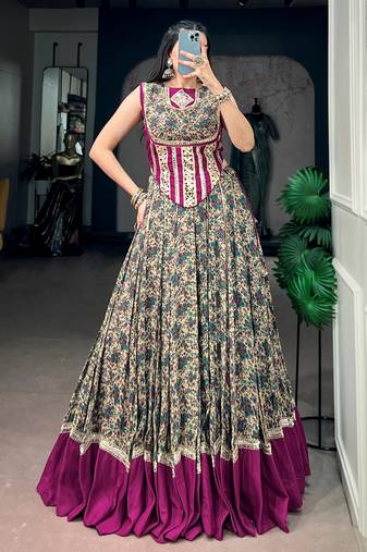 Noteworthy Wine Mirror Laced Cotton Navratri Special Lehenga Choli