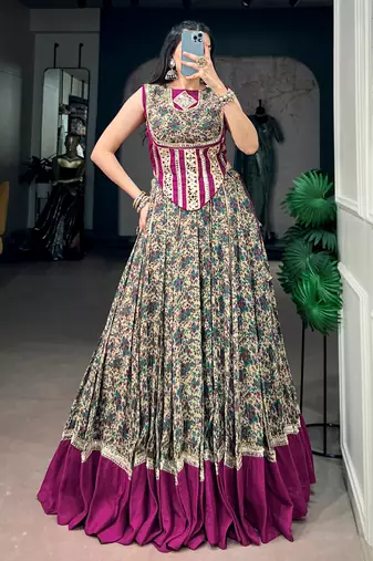 Noteworthy Wine Mirror Laced Cotton Navratri Special Lehenga Choli