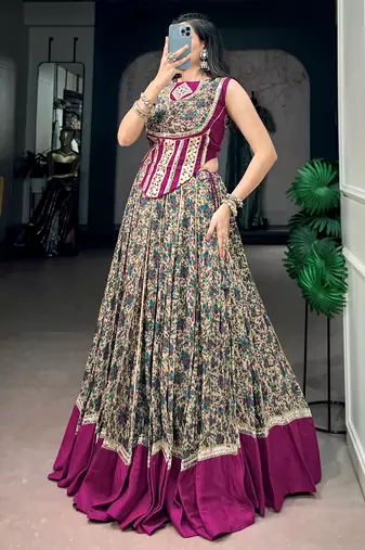 Noteworthy Wine Mirror Laced Cotton Navratri Special Lehenga Choli