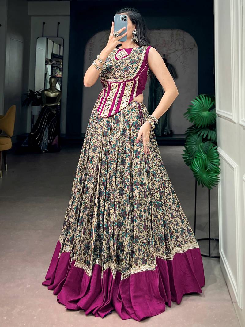 Noteworthy Wine Mirror Laced Cotton Navratri Special Lehenga Choli