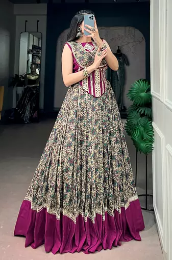 Noteworthy Wine Mirror Laced Cotton Navratri Special Lehenga Choli