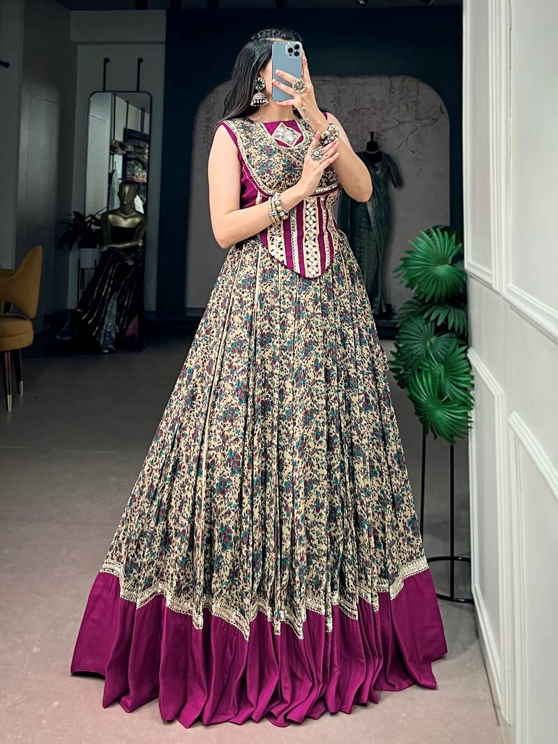 Noteworthy Wine Mirror Laced Cotton Navratri Special Lehenga Choli