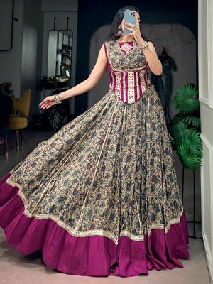 Noteworthy Wine Mirror Laced Cotton Navratri Special Lehenga Choli 4