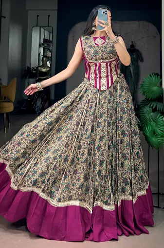 Noteworthy Wine Mirror Laced Cotton Navratri Special Lehenga Choli