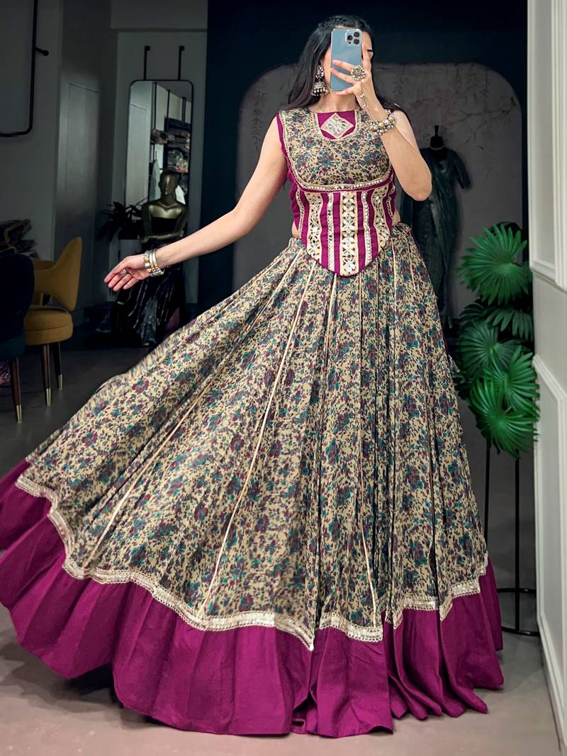 Noteworthy Wine Mirror Laced Cotton Navratri Special Lehenga Choli