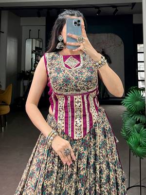 Noteworthy Wine Mirror Laced Cotton Navratri Special Lehenga Choli 5