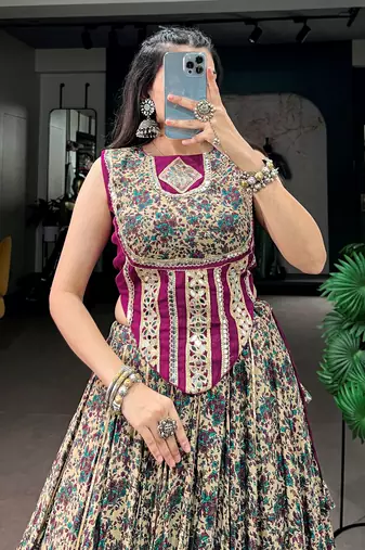 Noteworthy Wine Mirror Laced Cotton Navratri Special Lehenga Choli