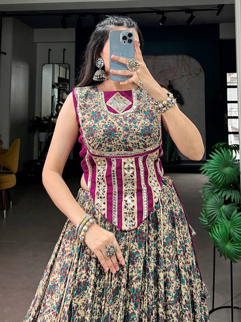 Noteworthy Wine Mirror Laced Cotton Navratri Special Lehenga Choli