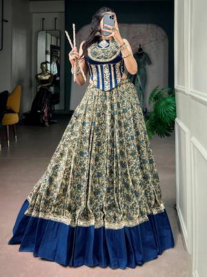 Super Navy Blue Mirror Laced Cotton Navratri Special Lehenga With Blouse 1