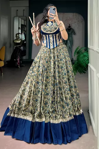 Super Navy Blue Mirror Laced Cotton Navratri Special Lehenga With Blouse