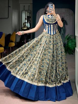 Super Navy Blue Mirror Laced Cotton Navratri Special Lehenga With Blouse 2