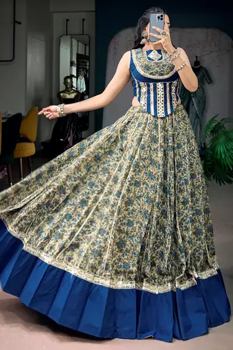 Super Navy Blue Mirror Laced Cotton Navratri Special Lehenga With Blouse