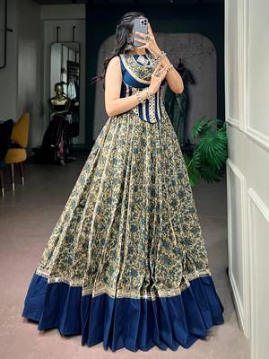 Super Navy Blue Mirror Laced Cotton Navratri Special Lehenga With Blouse 3