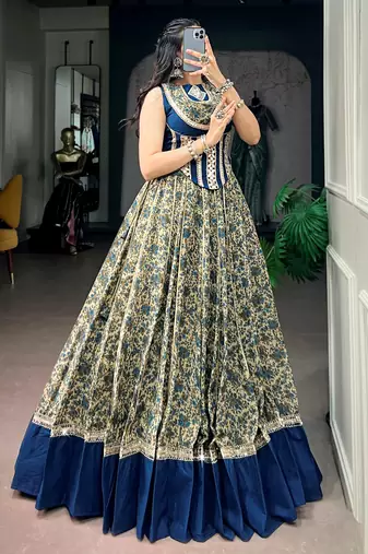 Super Navy Blue Mirror Laced Cotton Navratri Special Lehenga With Blouse