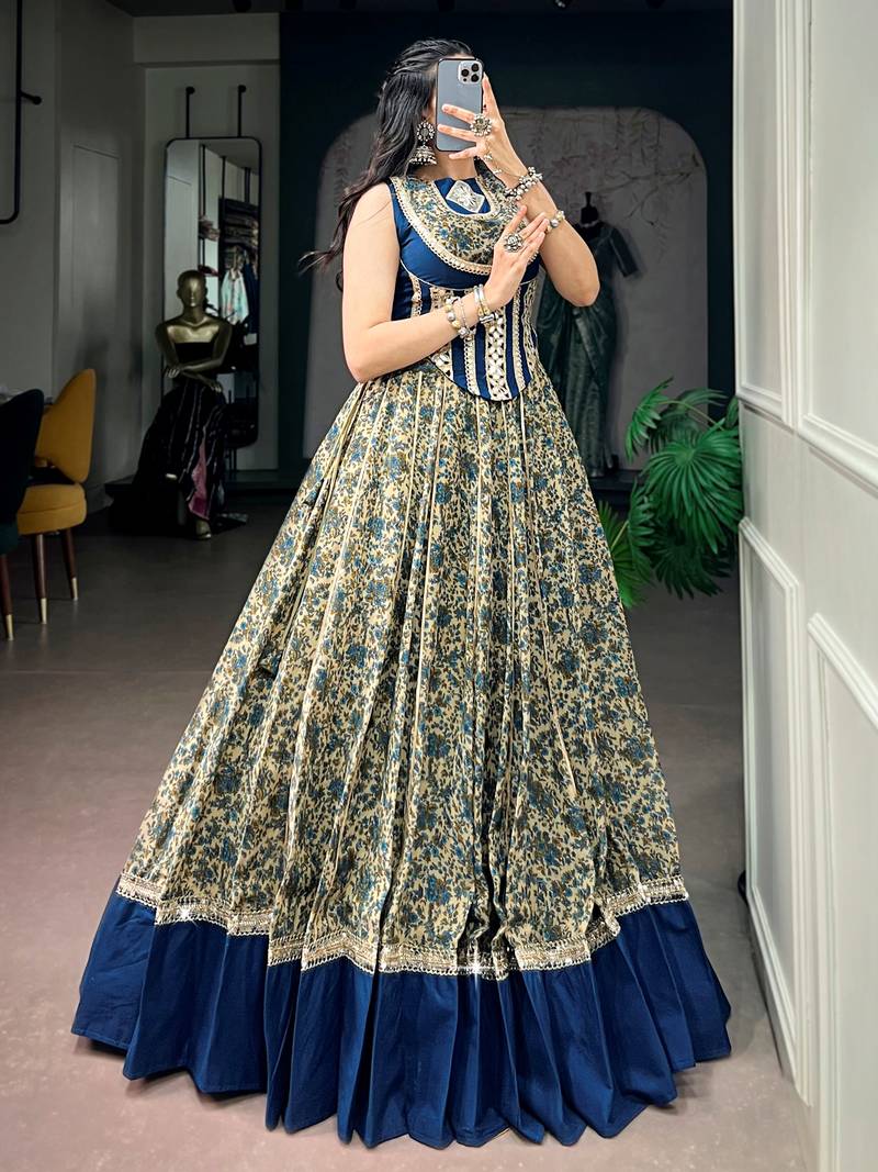 Super Navy Blue Mirror Laced Cotton Navratri Special Lehenga With Blouse