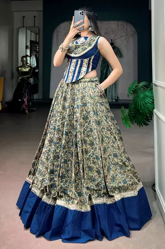 Super Navy Blue Mirror Laced Cotton Navratri Special Lehenga With Blouse