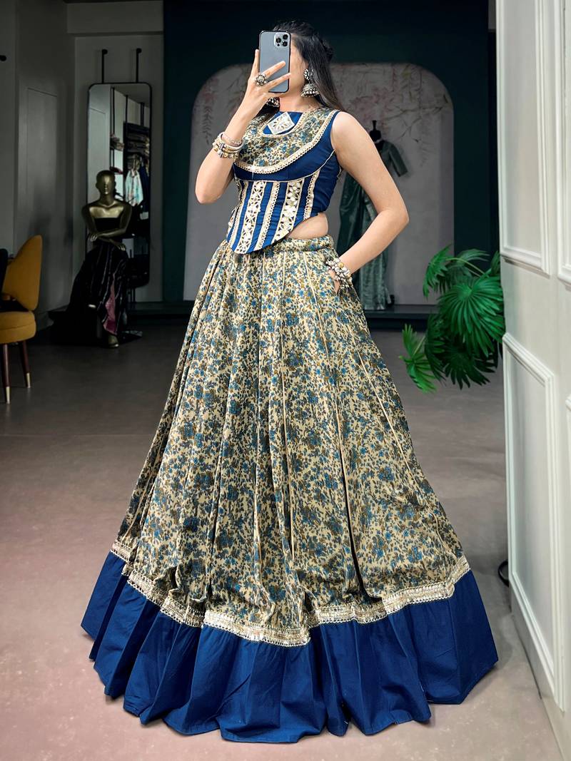 Super Navy Blue Mirror Laced Cotton Navratri Special Lehenga With Blouse