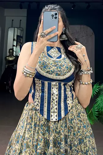 Super Navy Blue Mirror Laced Cotton Navratri Special Lehenga With Blouse