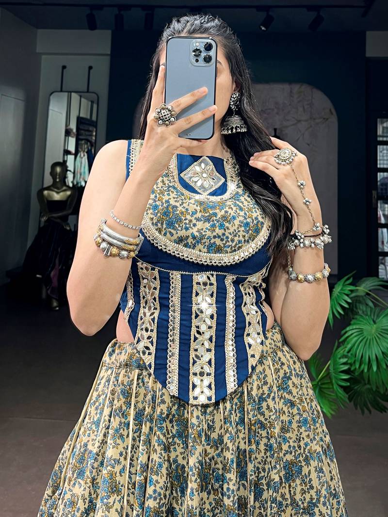Super Navy Blue Mirror Laced Cotton Navratri Special Lehenga With Blouse
