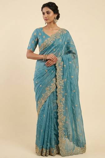 Firozi two tone embroidered fendi satin saree 