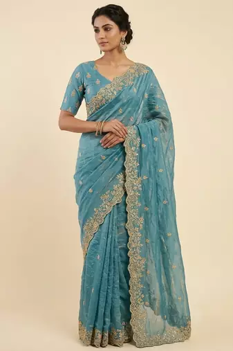 Firozi two tone embroidered fendi satin saree 