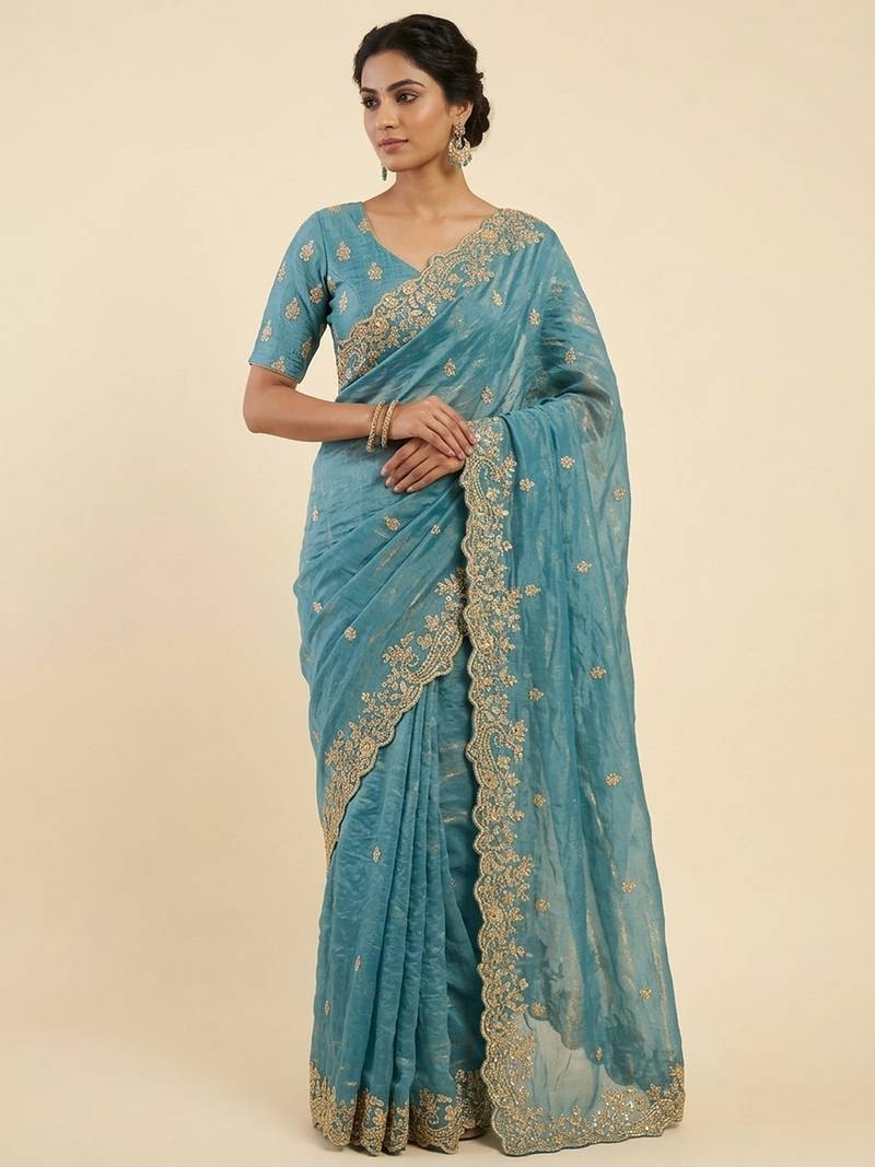Firozi two tone embroidered fendi satin saree 