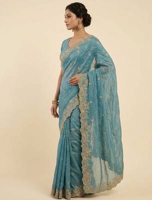 Firozi two tone embroidered fendi satin saree  2