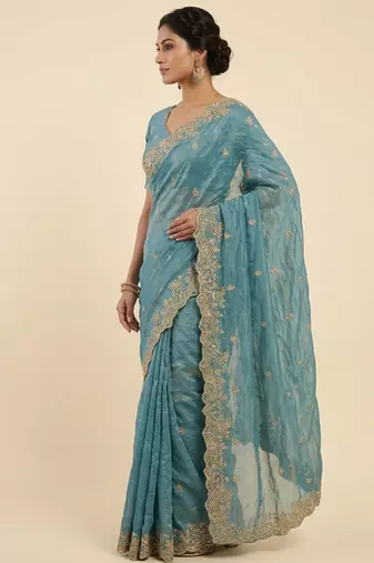 Firozi two tone embroidered fendi satin saree 