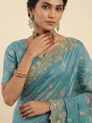 Firozi two tone embroidered fendi satin saree  3