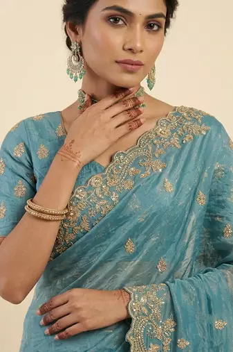 Firozi two tone embroidered fendi satin saree 