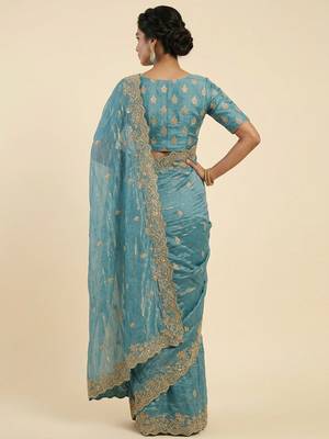 Firozi two tone embroidered fendi satin saree  4