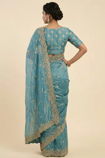 Firozi two tone embroidered fendi satin saree 