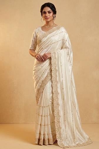 Cream two tone embroidered fendi satin saree 