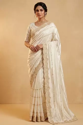 Cream two tone embroidered fendi satin saree 