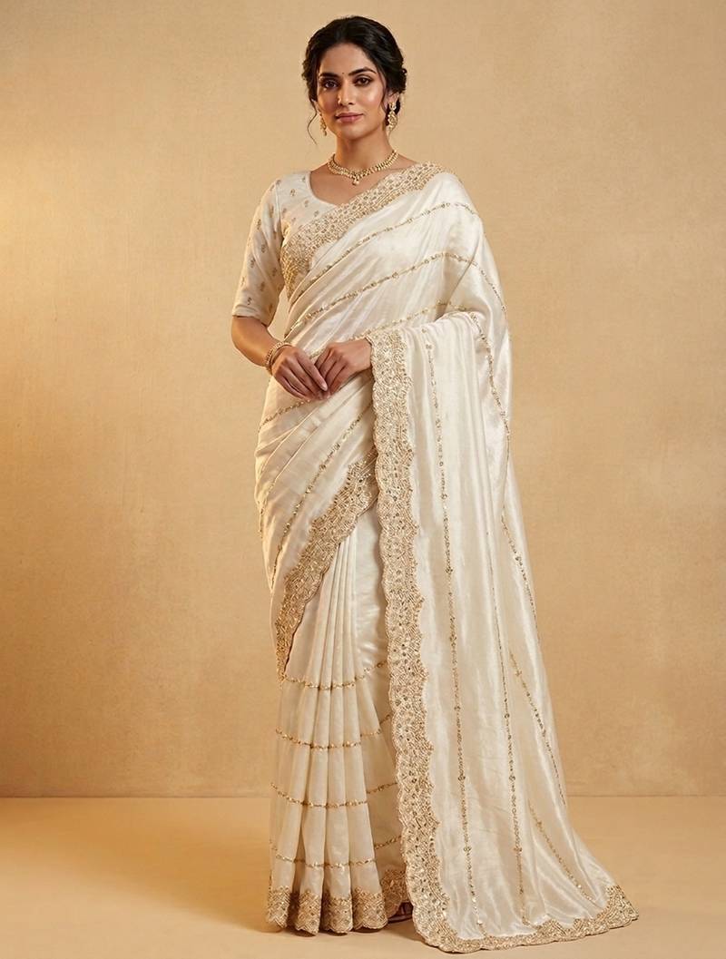 Cream two tone embroidered fendi satin saree 